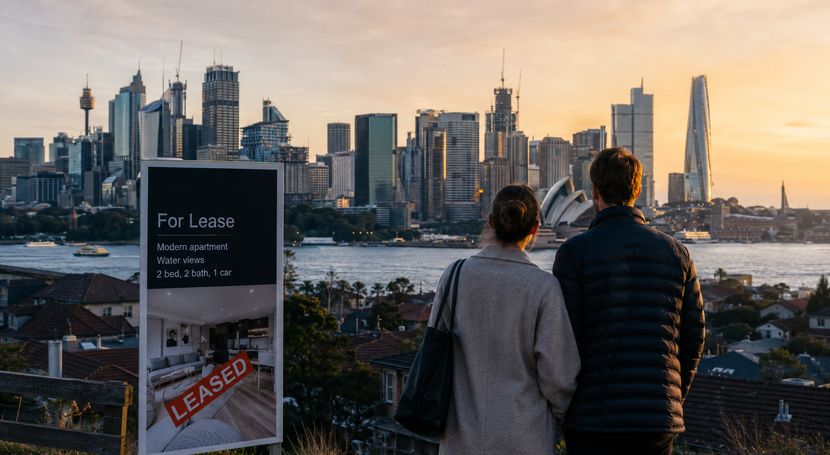 A couple stands beside a 'For Lease — Leased' sign overlooking the Sydney skyline at sunset, illustrating the lived reality of Australia's residential property market.