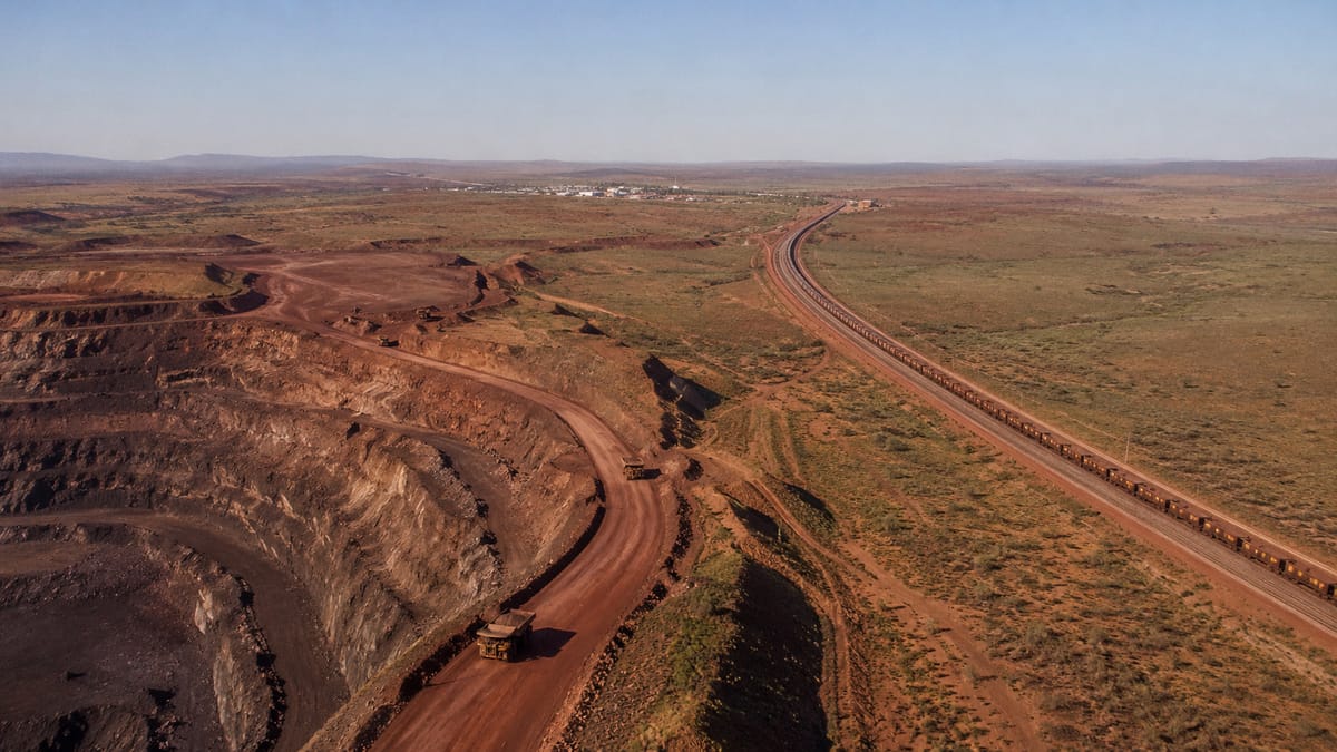 An open-cut mine and long freight train moving through the Australian outback