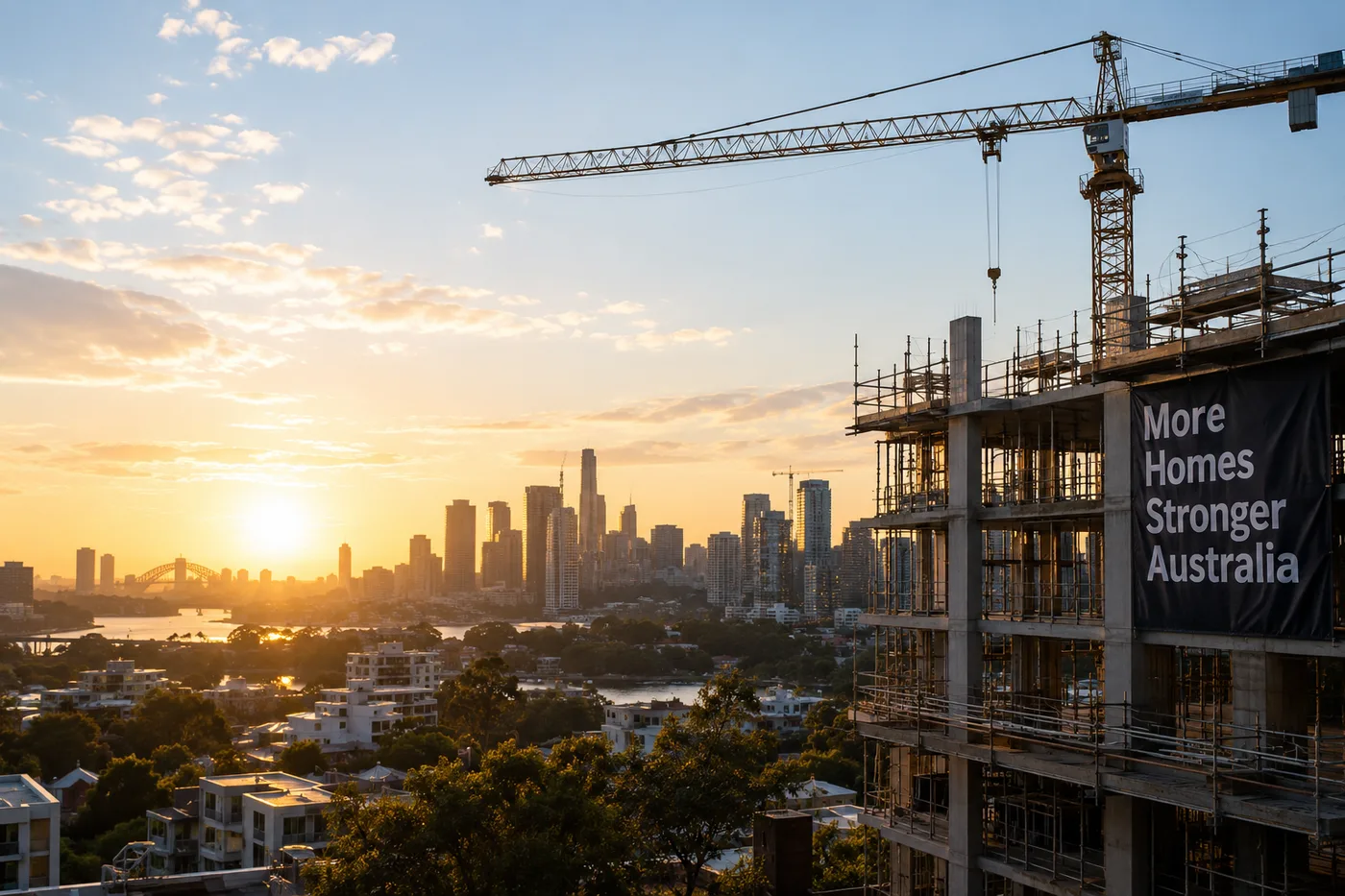 Australian apartment construction site with a tower crane overlooking a city skyline at sunset