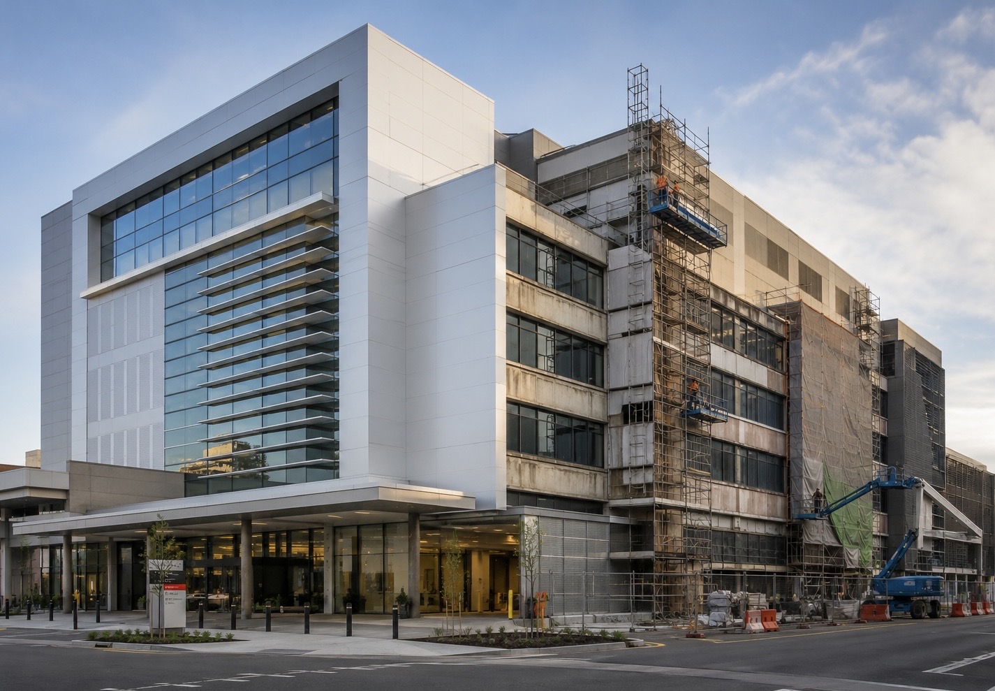 A modern hospital building with a glass and white-panel facade and finished entry canopy on one side, while the other half of the building is still covered in scaffolding with workers on elevated platforms and a boom lift on the street
