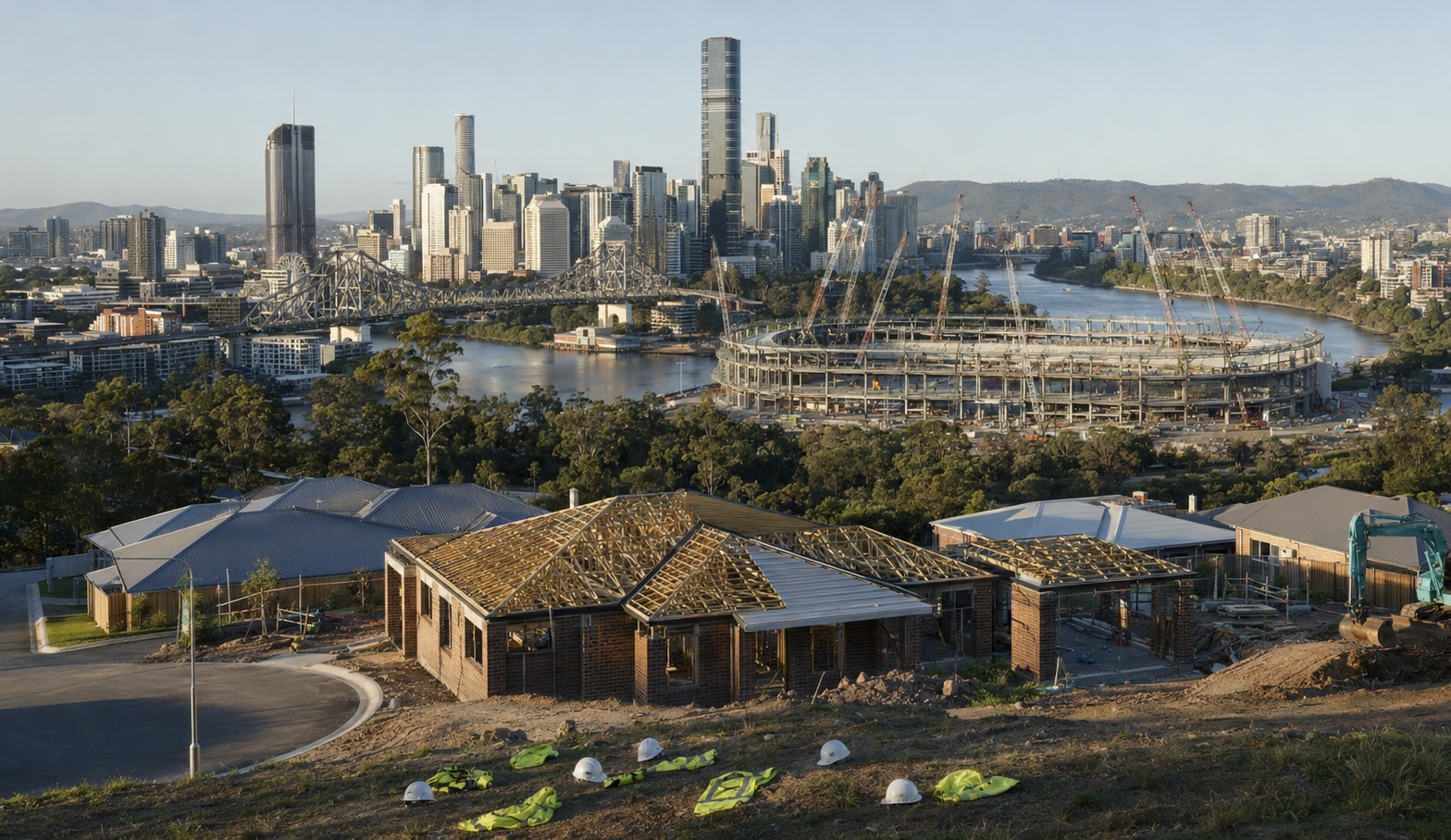 Suburban house frames under construction on a Brisbane hillside, with the Story Bridge, the CBD skyline and the main Olympic stadium under construction with cranes in the background