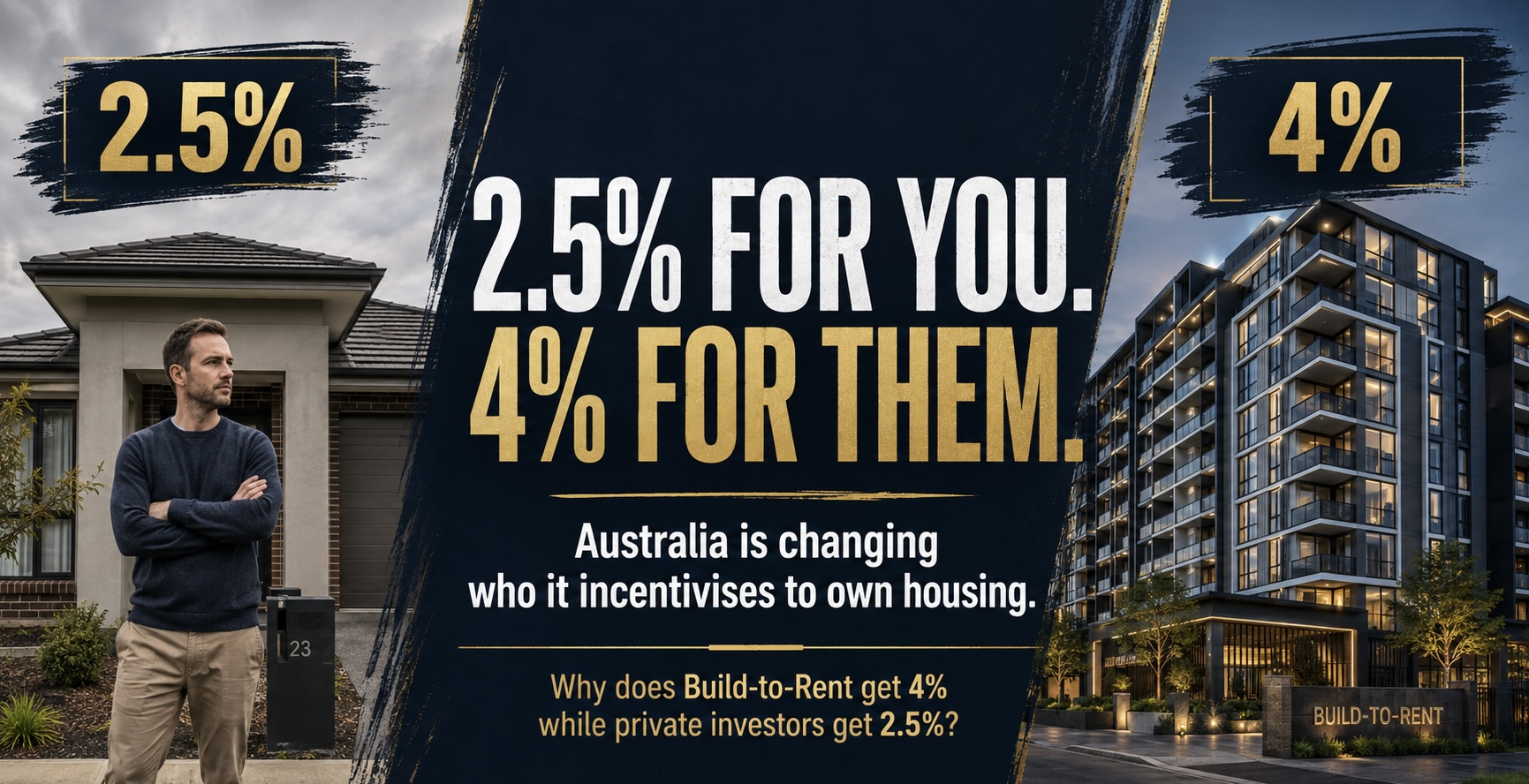 Infographic contrasting Australia's Division 43 depreciation rates: a private investor stands with arms crossed outside a suburban house labelled 2.5%, while a large Build-to-Rent apartment tower glows at dusk labelled 4%, under the headline '2.5% for you. 4% for them. Australia is changing who it incentivises to own housing — why does Build-to-Rent get 4% while private investors get 2.5%?'