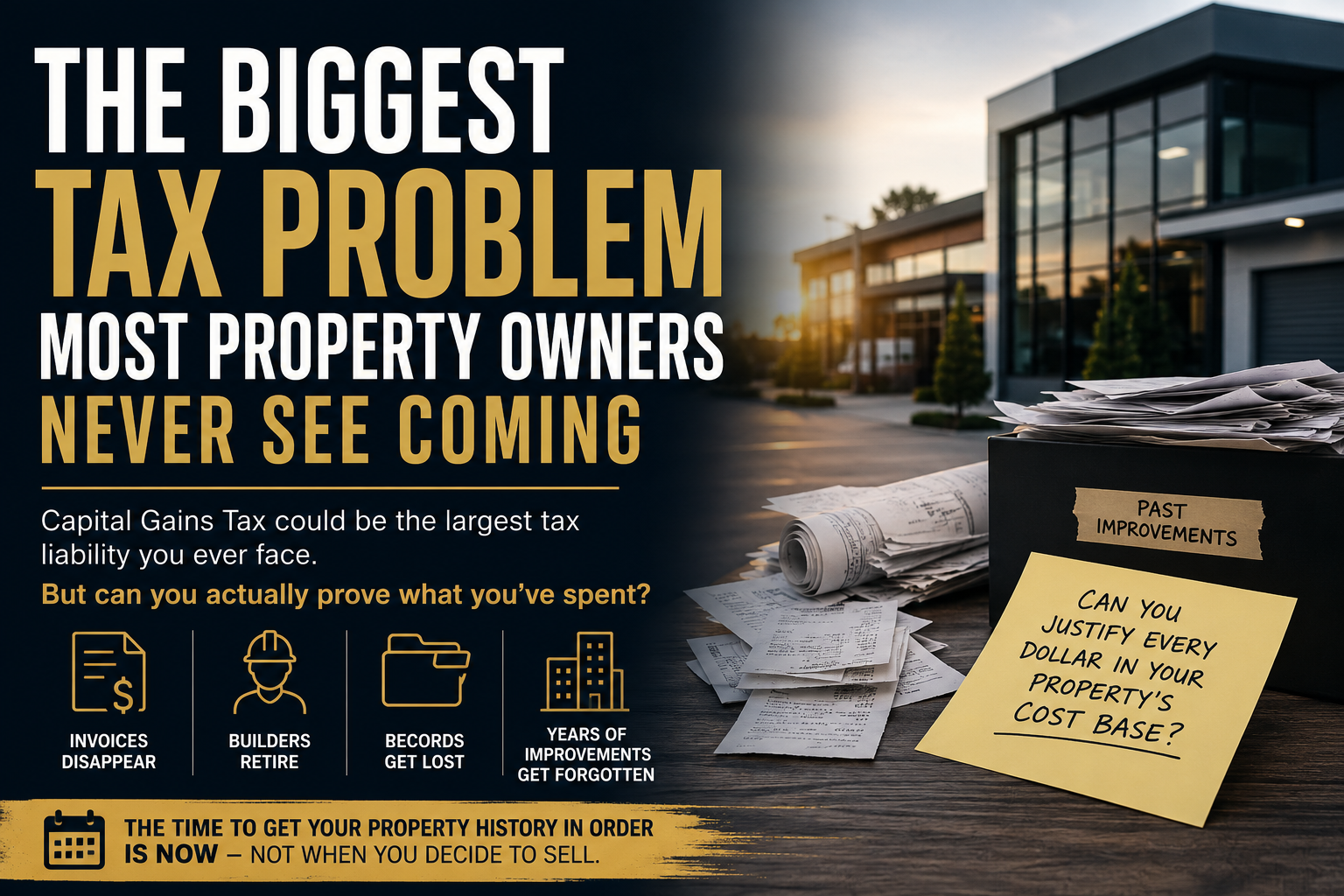 Infographic: The biggest tax problem most property owners never see coming. Capital Gains Tax could be the largest tax liability you ever face — but can you actually prove what you've spent? Invoices disappear, builders retire, records get lost, years of improvements get forgotten. A box of past-improvement receipts sits beside a note asking: can you justify every dollar in your property's cost base? The time to get your property history in order is now — not when you decide to sell.