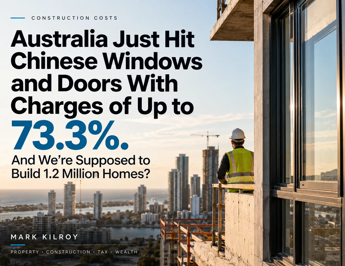 Author-supplied illustration of a construction worker beside aluminium windows overlooking a coastal skyline, with the article headline about Chinese window and door charges
