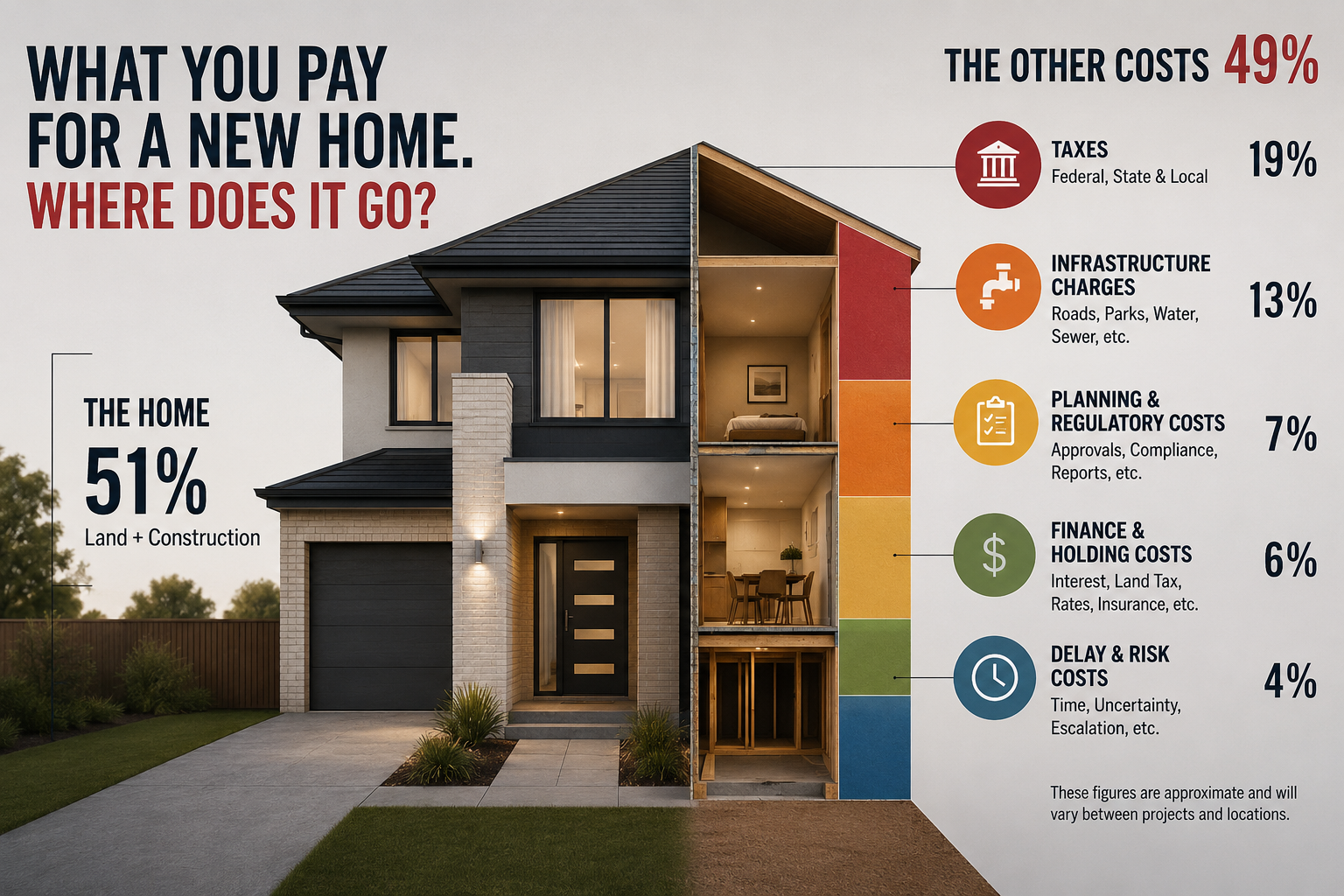 Infographic: What you pay for a new home and where it goes. The home (land plus construction) is about 51% of the price; the other costs are about 49%: taxes 19%, infrastructure charges 13%, planning and regulatory costs 7%, finance and holding costs 6%, delay and risk costs 4%. Figures are approximate and vary between projects and locations.