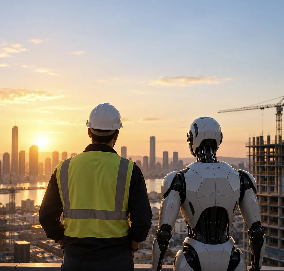 Construction worker and humanoid robot looking over a city construction site at sunset