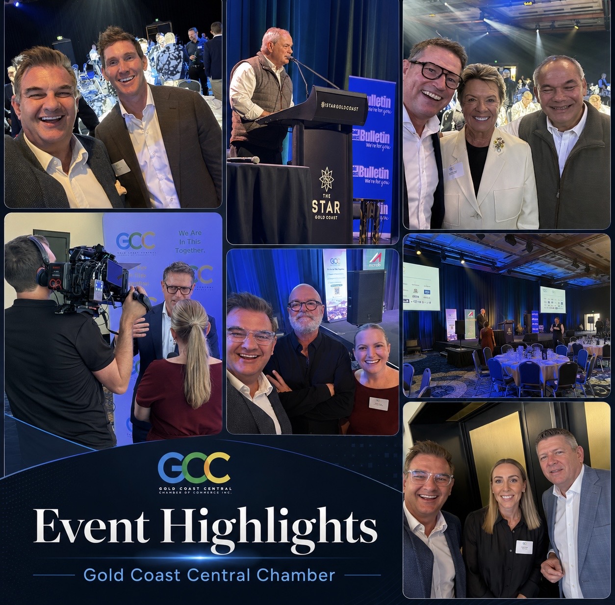 Event highlights collage from the Gold Coast Central Chamber of Commerce Property Forum at The Star Gold Coast — speakers at the lectern in front of Gold Coast Bulletin banners, panellists on stage in the packed ballroom, television cameras filming interviews, and attendees including Mark Kilroy, Mayor Tom Tate and business leaders networking between sessions.