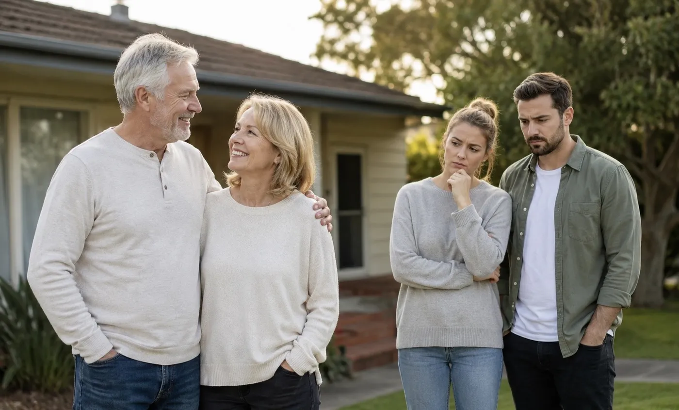 Older homeowners standing confidently outside a house while a younger couple considers the difficulty of entering home ownership