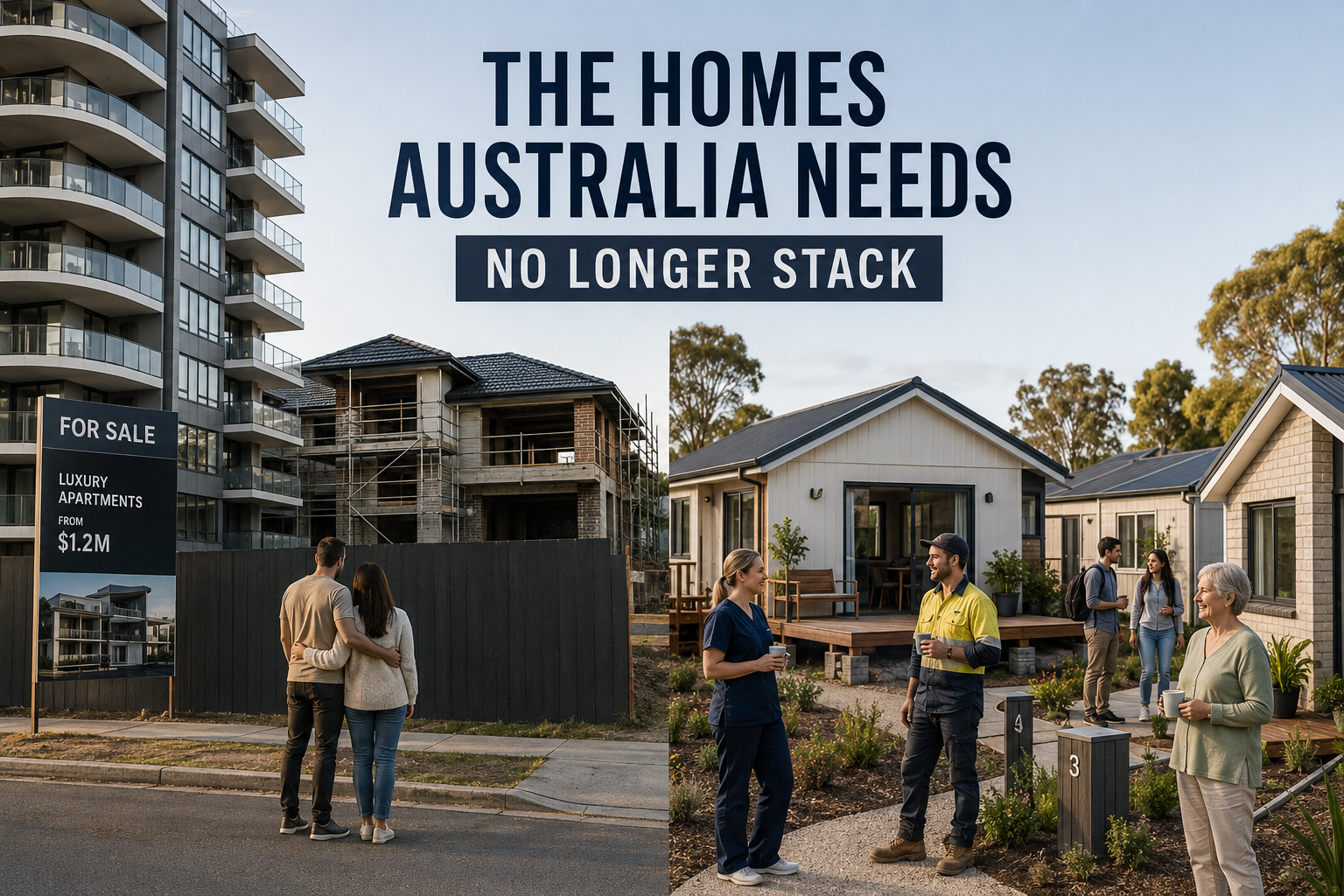 The homes Australia needs no longer stack. On one side, a young couple looks at a stalled apartment construction site behind a 'For sale — luxury apartments from $1.2M' sign. On the other, residents — a nurse in scrubs, a tradesman in hi-vis, a young couple and an older woman — talk outside small, well-designed modular homes with porches and gardens: the alternative housing models that could still deliver affordable homes.