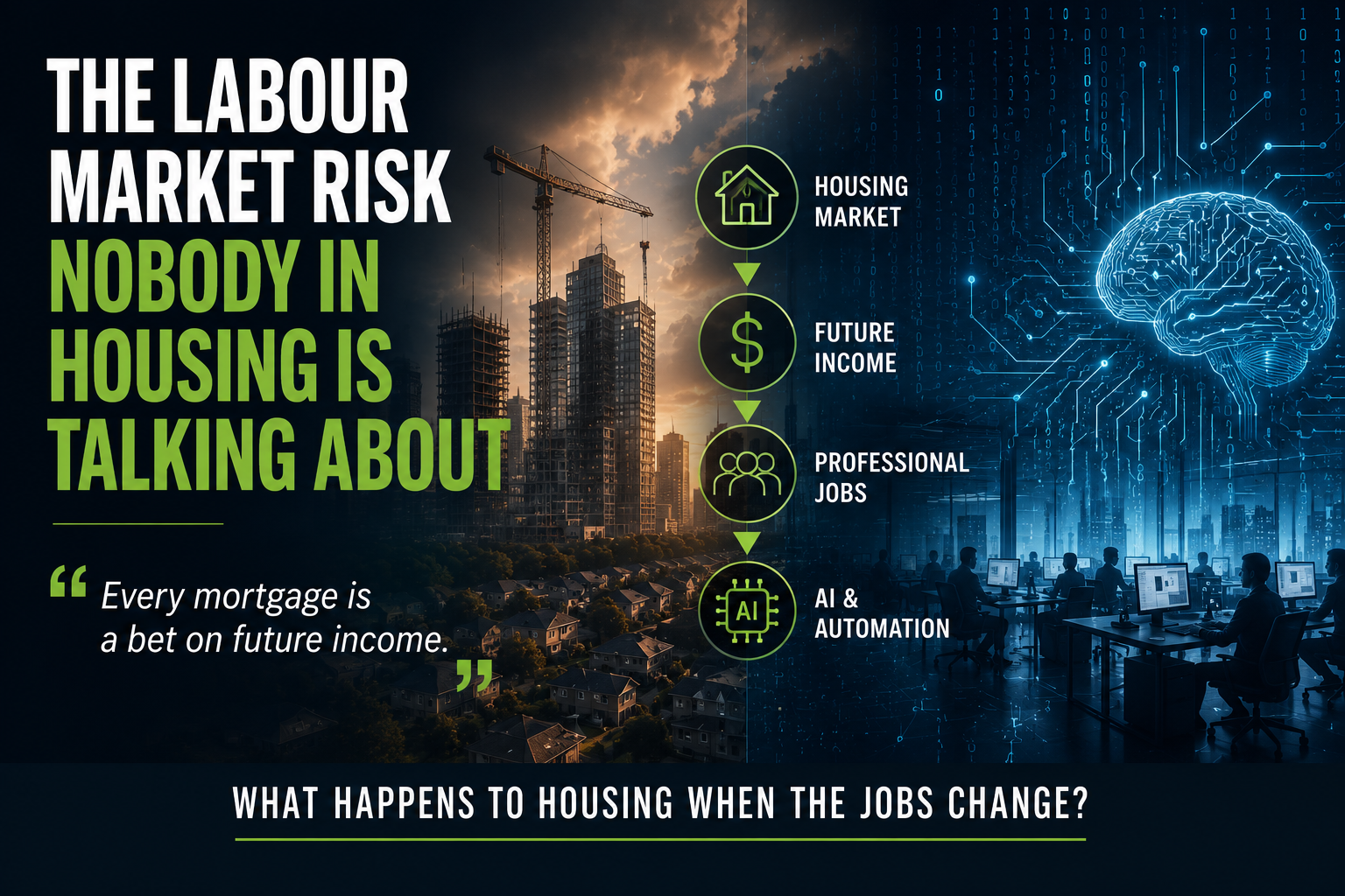 Infographic titled 'The Labour Market Risk Nobody in Housing Is Talking About' showing a construction skyline alongside an AI brain, with a chain linking the housing market, future income, professional jobs, and AI & automation, asking 'What happens to housing when the jobs change?'