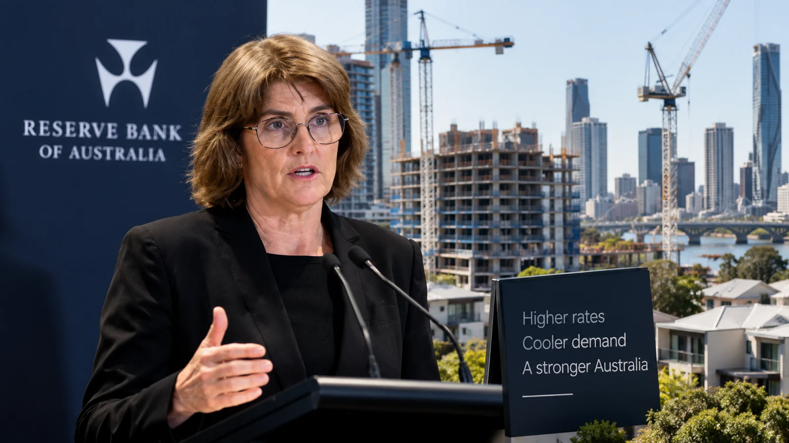 Editorial illustration combining a speaker at a Reserve Bank of Australia lectern with housing, construction cranes and a sign about interest rates and demand