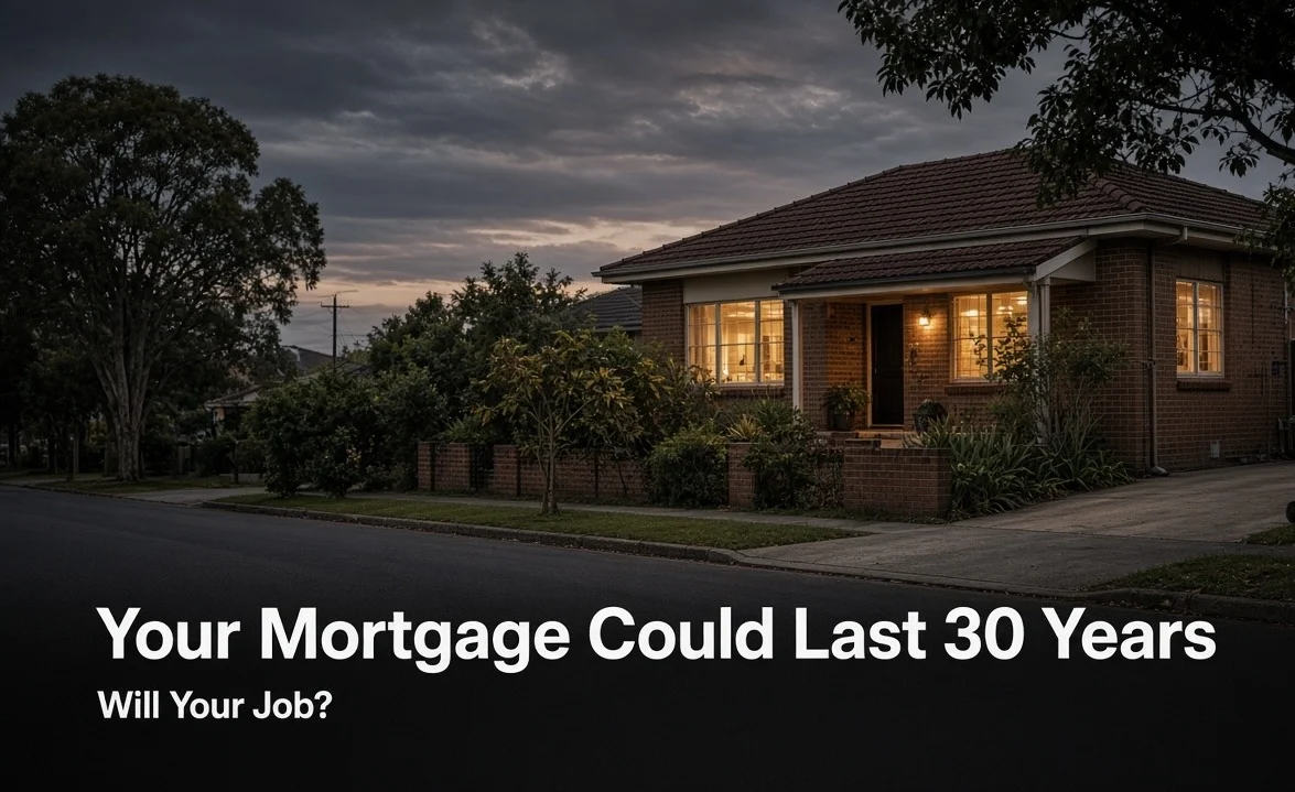 A brick home with warmly lit windows beneath a cloudy evening sky. Text reads: Your Mortgage Could Last 30 Years. Will Your Job?