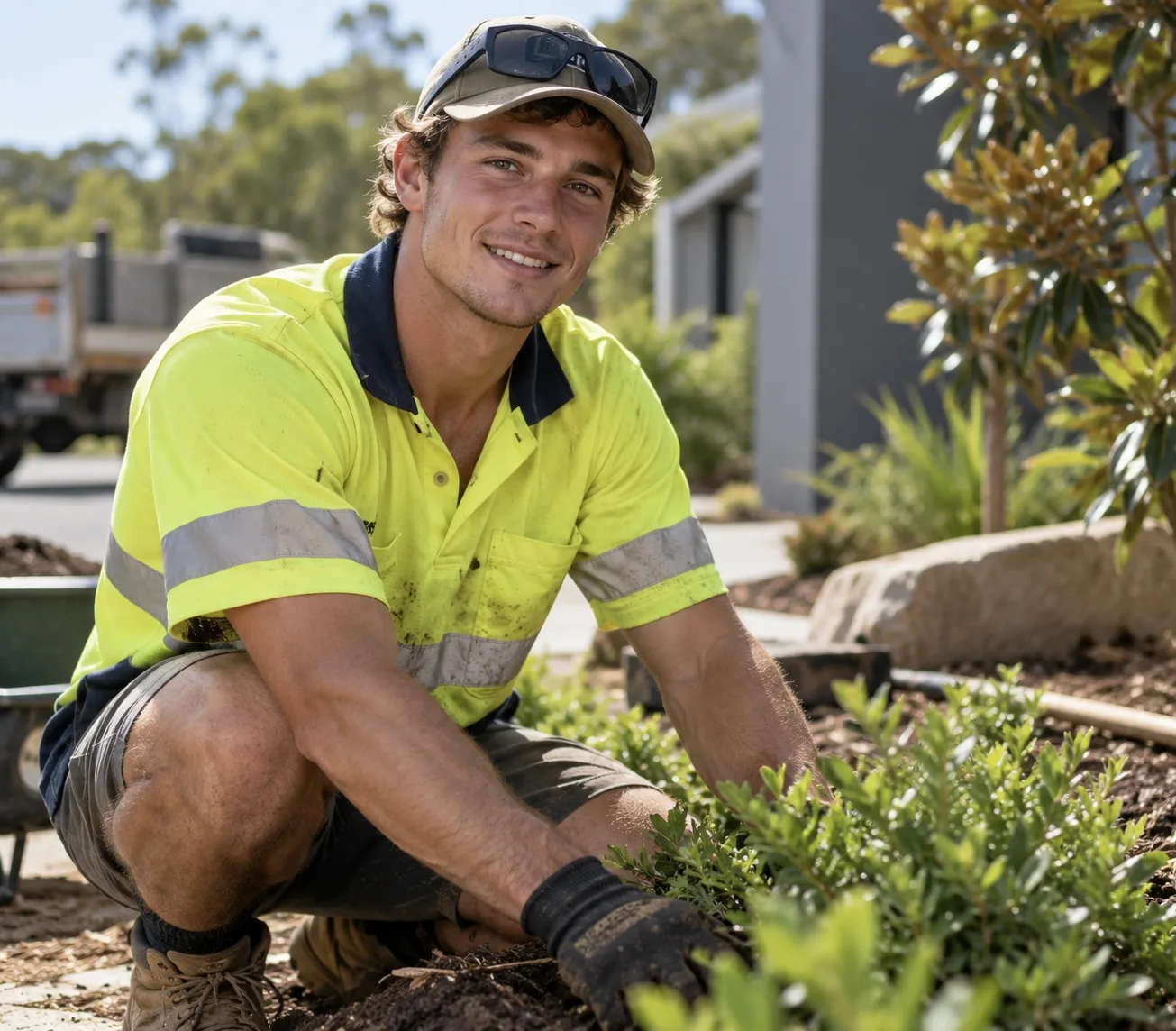 Landscaping worker in high-visibility clothing planting shrubs in a garden