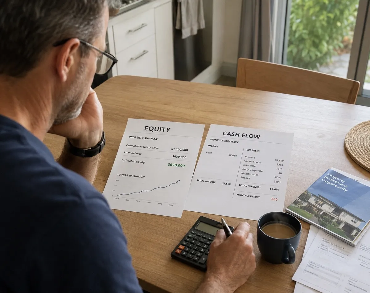 Property investor comparing an equity summary with a cash-flow statement at a kitchen table