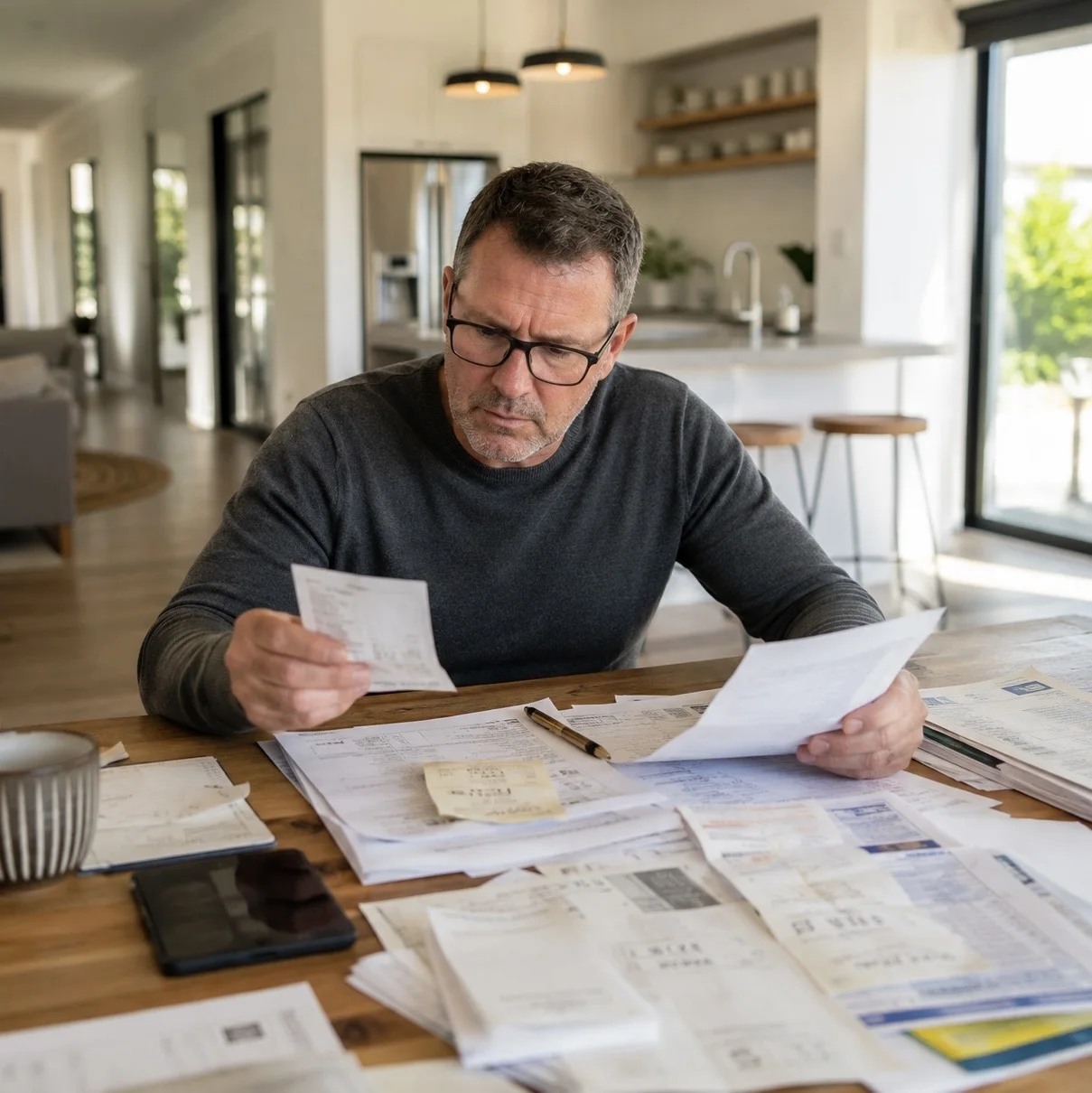 Property owner reviewing receipts, invoices and records at a kitchen table before calculating a capital gains tax cost base