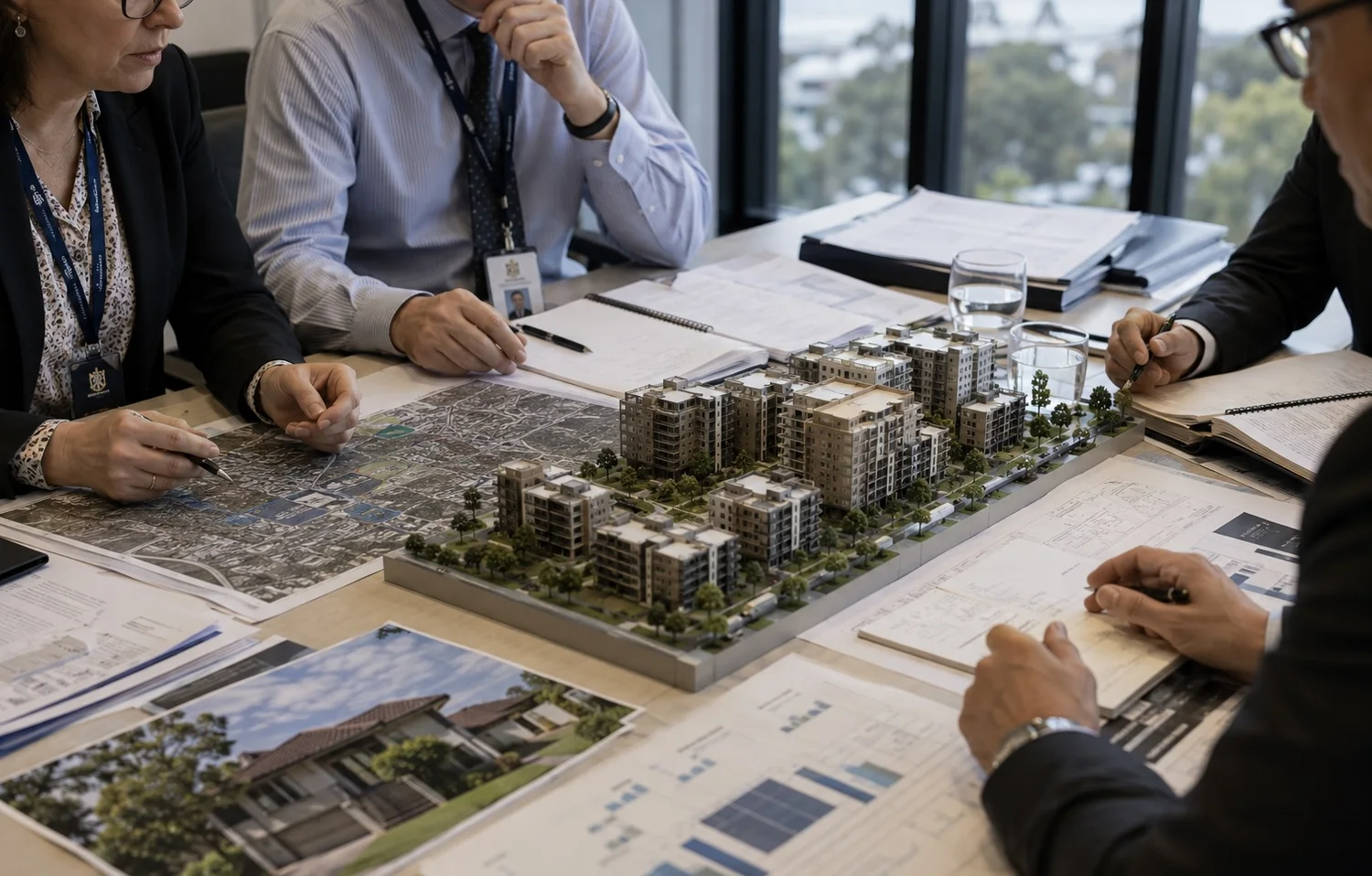 Government and development representatives reviewing housing plans around a residential project model