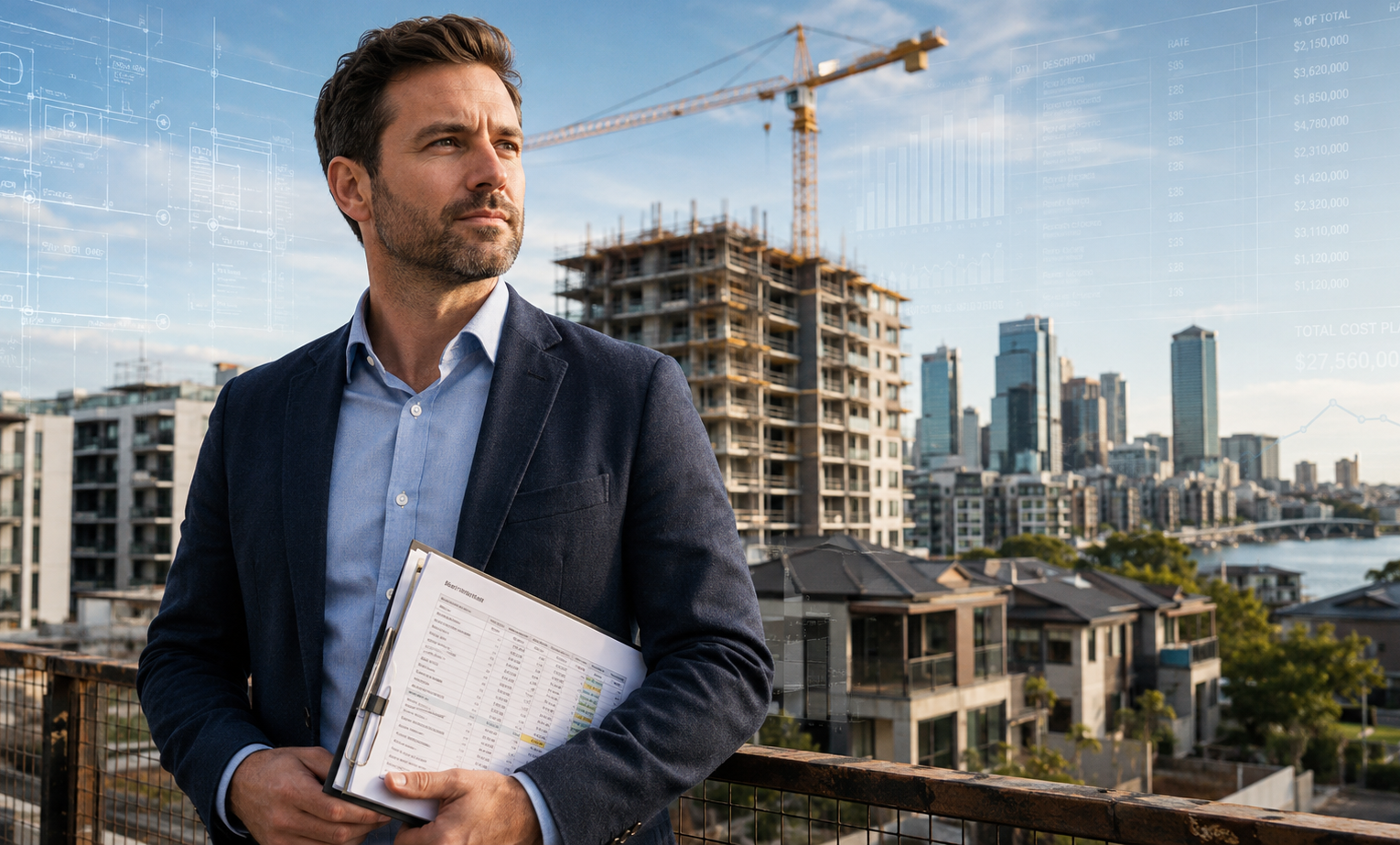 A quantity surveyor in a navy blazer holds a detailed cost plan while overlooking an Australian city skyline — a residential tower under construction with a crane behind him, low-rise homes below, and translucent overlays of cost breakdowns, drawings and a total cost figure across the sky, representing the evidence the profession holds on what housing really costs to deliver.