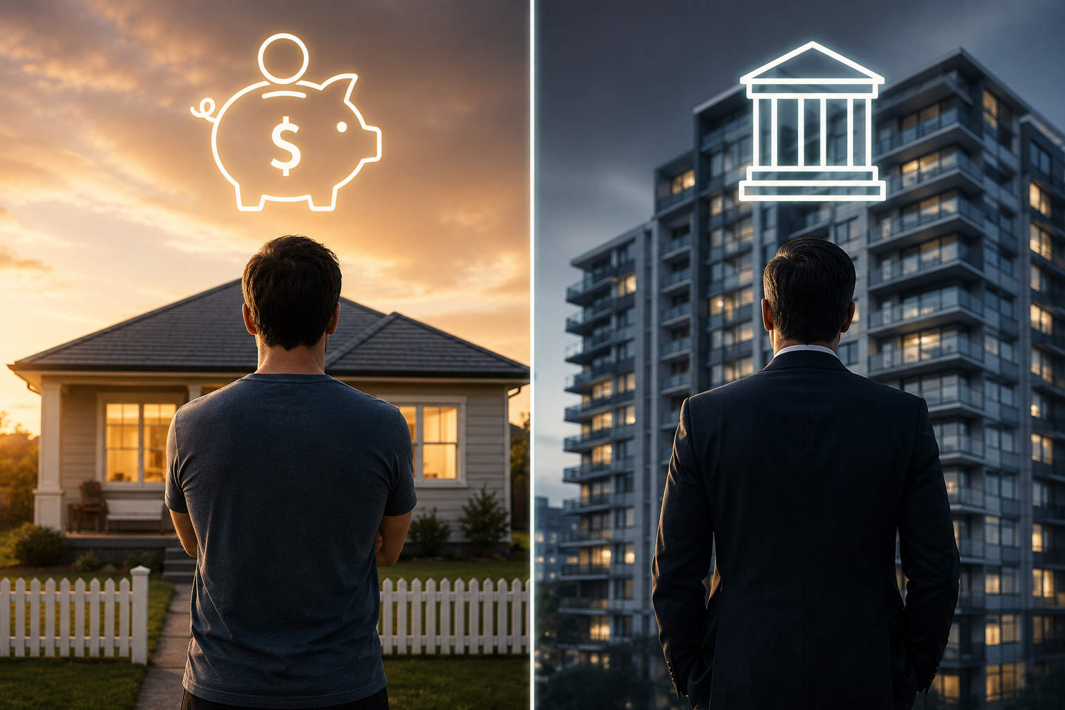 Split image: an everyday Australian in a t-shirt facing a suburban home beneath a glowing piggy-bank icon at sunset, beside a man in a suit facing a high-rise apartment tower beneath a glowing institutional bank icon