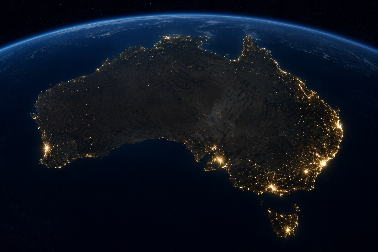 Satellite view of Australia at night from space, with city lights glowing along the eastern seaboard and coastal population centres against a dark continent